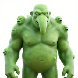 huge green, somewhat humanoid figure with monstrous faces and noses and mouths growing all over it