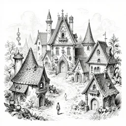 ink drawing concept art houses, magic village, fairy houses, fantasy medieval architecture, - n 8
