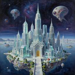 a beautiful detailed painting of city shrine by vija celmins, cosmic tundra made of glass liberty city universe architecture island extraterrestial, archdaily, wallpaper, highly detailed, trending on artstation.
