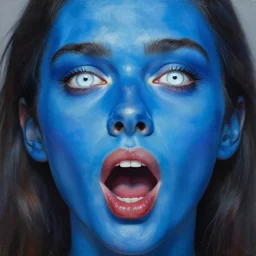 amazing detailed photorealistic painting of a woman with a blue face. her eyes are wide and whites, and her mouth is open in a silent scream.