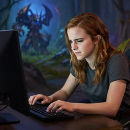 Emma Watson on her computer playing World of Warcraft. Emma Watson facepalming because she just wiped on a raid boss.