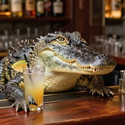 a photo of an alligator serving drinks at a bar, fine - face, realistic shaded, fine details. realistic shaded lighting, artgerm, trending on art station