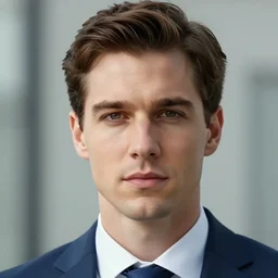 epic cinematic close up of a man in his 20s with brown hair, wearing a blue business suit and holding a briefcase, looking on confidently at the camera with explosions behind him, battlefield, 4k