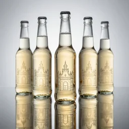castle of glass beer bottles, lit from behind, reflection