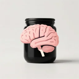 minimalistic logo of brain on black jar, advert, pastel colors, hyperrealism,