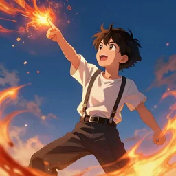 anime young boy wearing suspenders pointing at the sky with fire particles around him, energetic pose, wlop, concept art, digital painting, trending on artstation, highly detailed, epic composition, 8 k uhd