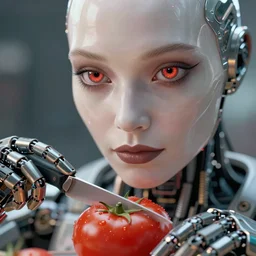 a stunning ultra detailed fantasy fine art portrait photo of a robot from ex machina movie cutting a tomato, by tom bagshaw, wlop and artgerm, 2 4 mm lens, golden ratio composition, deep depth of field, perfect eyes and face, cyberpunk, soft lighting, artstation, 8 k