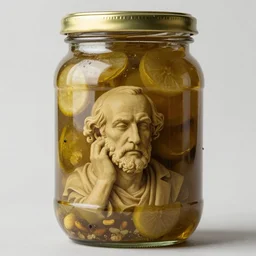 Socrates thinking in front of a pickle jar