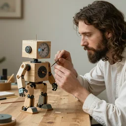 jesus putting the finishing touches on a cute clockwork doomsday robot