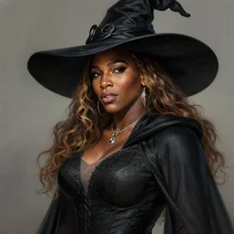 mindblowing, serena williams as a female wizard, black wizard hat, robes, deep focus, d & d, fantasy, intricate, elegant!!, beautiful, highly detailed, digital painting, artstation, concept art, matte, sharp, illustration, hearthstone, art by artgerm and greg rutkowski and alphonse mucha