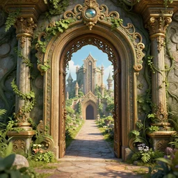 fantasyland through a magical doorway, ornate, intricate, detailed, nature, vines, 3 d render, highly stylized