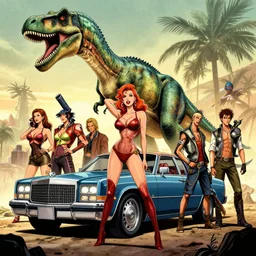 rcadillacs and dinosaurs, game, pinup, weapons, dystopian, george miller, made by stanley artgerm lau, wlop, rossdraws, james jean, andrei riabovitchev, marc simonetti, yoshitaka amano, beksinski artstation, cgsociety