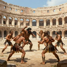 inside the roman colliseum, a monster fighting agains five gladiators at kingdom of julius caesar by world renowned artist, trending artstation, historical artworks, ruins, hiperdetailed