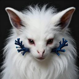 close up portrait of a mutant monster creature with white fluffy moth pouf, exotic lily ears, psychedelic dark blue coral protuberances, snout. by jan van eyck, walton ford