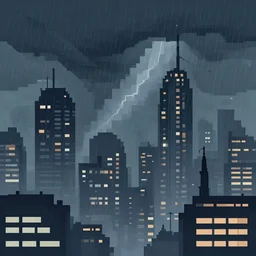 flat pixels matte painting of cyberpunk city, thunderstorm, raining