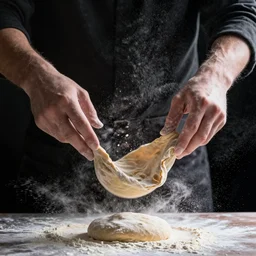 a photo of the hands of a magician manipulating a smooth dough floating and spinning in the air, black background, flour dust spray, backlit, high quality action photography, studio photo, 50mm