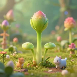 a beautiful picture of close up plant sprouts in a fantasy world full of interesting buds fictional and gorgeous, cute animals walking nearby, 8 k resolution, highly detailed, hdr, artwork, trending on artstation, kinetic art