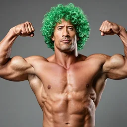dwayne johnson flexing with a curly bright green wig