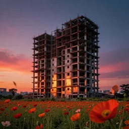 unfinished building by renzo piano, dramatic lighting poppy flowers magic realism synthwave lightpaint sunset darkacademia nature tokyo, archdaily, wallpaper, highly detailed, trending on artstation.