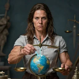 epic portrait of slightly muscular inuit visionary sheila wattcloutier serious wearing shirt instructor uniform, libra scales, laser pointing globe, detailed, artstation, concept art, donato giancola, joseph christian leyendecker, wlop, boris vallejo, stron eyes, highest resolution, extremely detailed beautiful, establishing shot, artistic, hyperrealistic, enhanced hands, octane render