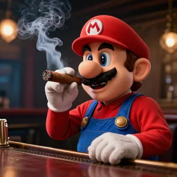 Mario smoking a cigar, at a bar, dramatic lighting, 8k