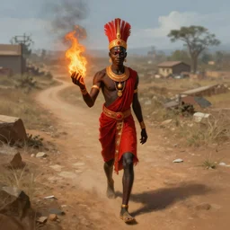 the african god of streets and paths who transits between the earth and the sky esu, orisha esu wearing red and black, with fire in his right hand | deep focus, high angle, highly detailed, digital art, digital painting, concept art, illustration by rolf armstrong