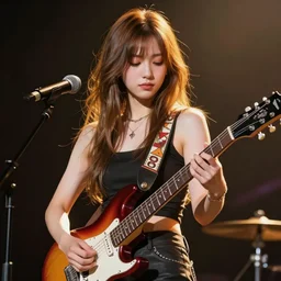 rockstar girl playing electric guitar on stage. by amano yoshitaka, by rembrandt, digital art, digital painting, artstation trending, unreal engine