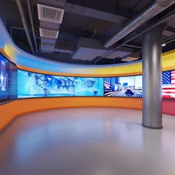 colorful industrial nbc newsroom, ceiling vents and ducts, curved walls, large hd monitors, industrial columns, octane render, unreal engine 5, ray tracing