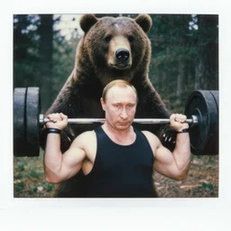 medium close up shot, very muscular vladimir putin rainbow haired pumping iron with grizzly bear, in woods, polaroid color photo, vintage, neutral colors, by gregory crewdson