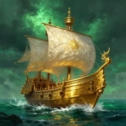 gold galleon ship, green sea, storm. bloom, lighting. fantasy, digital painting, hd, detailed.