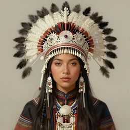 portrait of Cree Summer as beautiful native american woman wearing an elaborate headdress, intricate, elegant, highly detailed, centered, digital painting, artstation, concept art, smooth, sharp focus, illustration, art by android jones and donato giancola and alphonse mucha