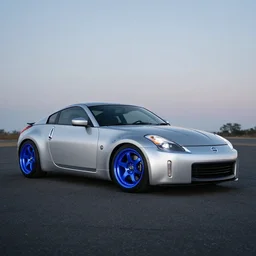 a nissan 3 5 0 z with glowing blue wheels, professional photography, wide - angle