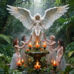 an angelic feathered succubus worshipping a satanic altar atop a fountain in a lush dense verdant garden by tim doyle and victo ngai and dan mumford and james gilleard, bat wings, mist, hyperrealism, volumetric lighting, god rays, highly detailed, sfumato, orange fire flowers, overgrown
