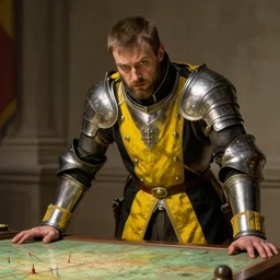 Frustrated and acerbic male Imperial sergeant with a short beard wearing a {black and yellow tabard} over a steel breastplate and a black gambeson leaning over a table, by Raymond Swanland Greg Rutkowski, {perfect face}, {perfect eyes}, {perfect body}, {hands planted on war table while standing}, fantasy