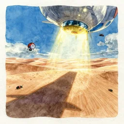 anime movie screenshot, paper texture, ( ( detailed watercolor ) ) by tatsuyuki tanaka, vanishing point,, by ghibli!!! nausicaa!!, desert!!!, rim light, long shadows, bright, scenic, miyazaki, vibrant, motion, airship, flying beetles