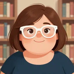 portrait of a curvy stocky romanian woman, brown hair, messy bob, straight hair, brown eyes, round nose, low eyes, romanian, laugh lines, round face, round jaw, small chin, round nose, white glasses, glasses, big forehead, white reading glasses, illustration, cute, librarian, wide shot, digital art, art by loish, 8 k, trending on artstation