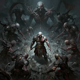 a ultra detailed matte paining of kratos in bloodborne killing the great ones, elden ring art, epic fantasy, grimdark realism, cosmic horror, liminal space, ultrawide lens, aerial photography, d & d, intricate, highly detailed, digital painting, artstation, concept art, sharp focus, illustration, art by greg rutkowski and rembrandt