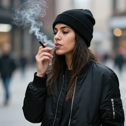 Photograph of a mixed woman smoking, wearing a black beanie and black bomber jacket, urban environment, depth of field, 4k, 8k, hd, sigma 85mm f/1.4
