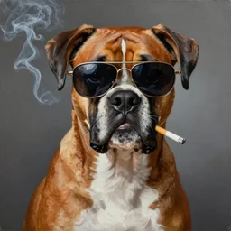 photorealistic oil painting of boxer dog wearing sunglasses and smoking a cigarettes