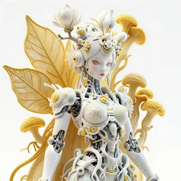 intricate hyper detailed ultra sharp 3 d render of a beautiful porcelain doll portrait, medium shot portrait, bright light, alexandre ferra white mecha, cyberpunk mechanical haute couture flagella and fungi, magnolia goliath head ornaments, big embroidered leaves filigree sinuous roots, octane render, volumetric cinematic lighting, yellow, 8 k, vray tracing