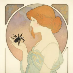 a girl with a spider, colored woodcut, flat pastel colors, by Mackintosh, by Alfons Mucha, art noveau, by Takeshi Murakami