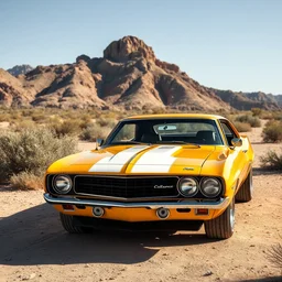 butternut yellow camaro 1 9 6 7 in the middle of the desert, professional photography