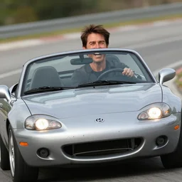 tom cruise laughing super hard, driving a miata convertible, 5 0 mm, dynamic lighting