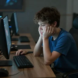 a kid sad playing league of legends alone, trending on artstation, hyperrealistic
