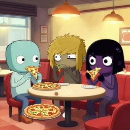 the characters from gorillaz are eating at a pizza place
