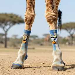a giraffe wearing magical themed socks