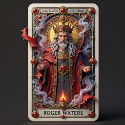 A beautiful detailed tarot card of Roger Waters, by  tomasz alen kopera and Justin Gerard, symmetrical features, ominous, magical realism, texture, intricate, ornate, royally decorated, whirling smoke, embers, red adornements, red torn fabric, radiant colors, fantasy, trending on artstation, volumetric lighting, micro details, 3d sculpture, ray tracing, 8k, anaglyph effect