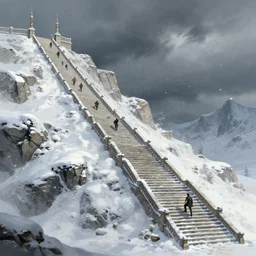 i'm climbing the seven thousand steps to high hrothgar, skyrim. volumetric lighting, summer, winter, snowy weather, dark overcast, realistic illustration, perfectly shaded, soft painting, ( floating snow particles ) art by leesha hannigan, ross tran, thierry doizon, kai carpenter, ignacio fernandez rios