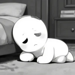 sad white cartoon character, bald, round, lying on the bedroom floor, in black and white, high quality