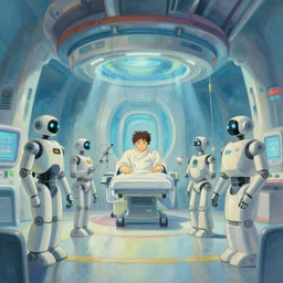 centred painting of a futuristic hospital with robots, octane rendering, trending on artstation, studio ghibli, michael whealan and james gurney
